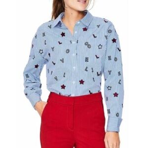Boden Light Blue Stripe Button-Down Shirt with Red Star Accents